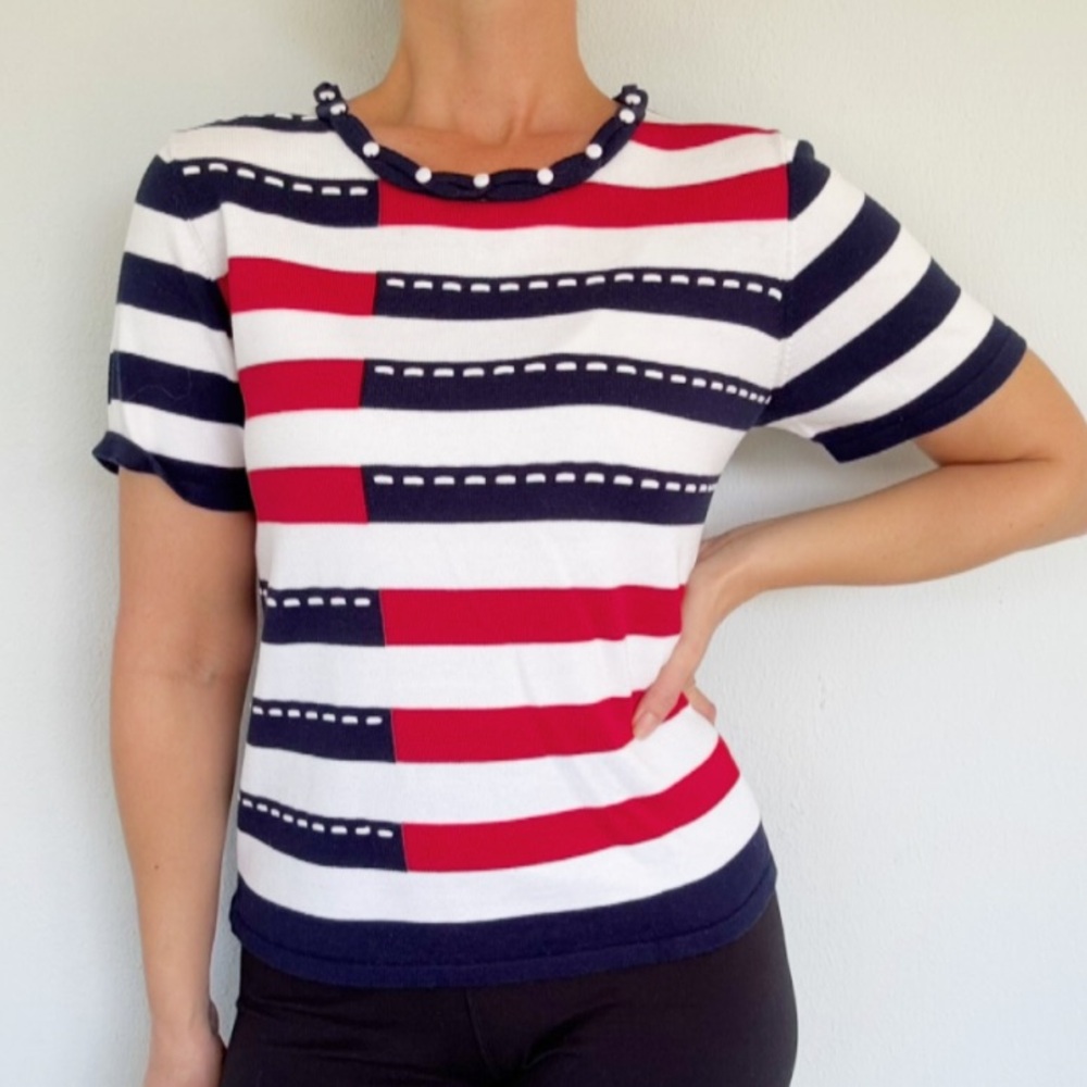 Alfred Dunner Petite red white blue color block stripe beaded sweater top medium